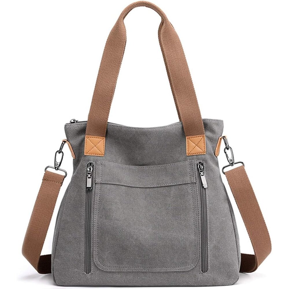 Women's Canvas Tote Bag, Vintage Work Shoulder & Crossbody Multi-Pocket Handbag